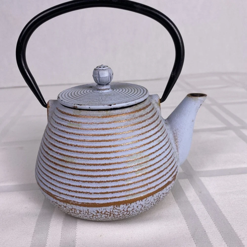Cast Iron Tea Kettle with lid and‎ handle. Small 14-15oz Blue/Grey with stripes.